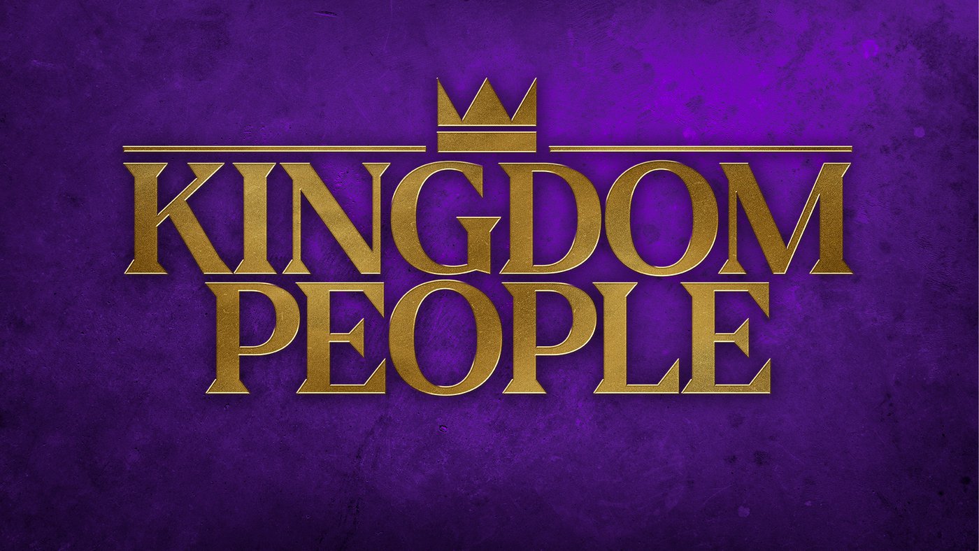 A purple background, with large, golden text reading "Kingdom People". There is a crown over the text.