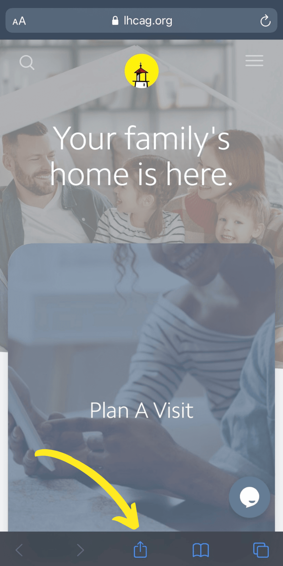 lhcag.org home page with arrow pointing towards share button on iOS browser.