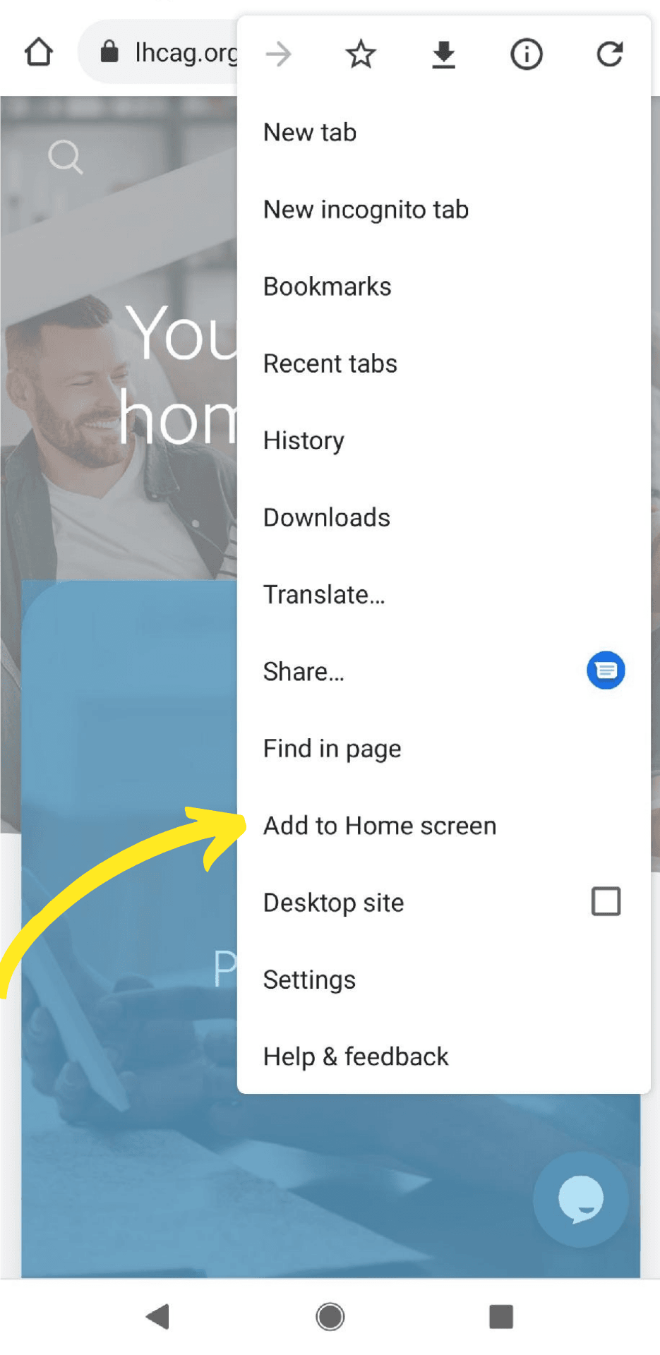 Options page open with arrow pointing toward 'add to home screen option'.