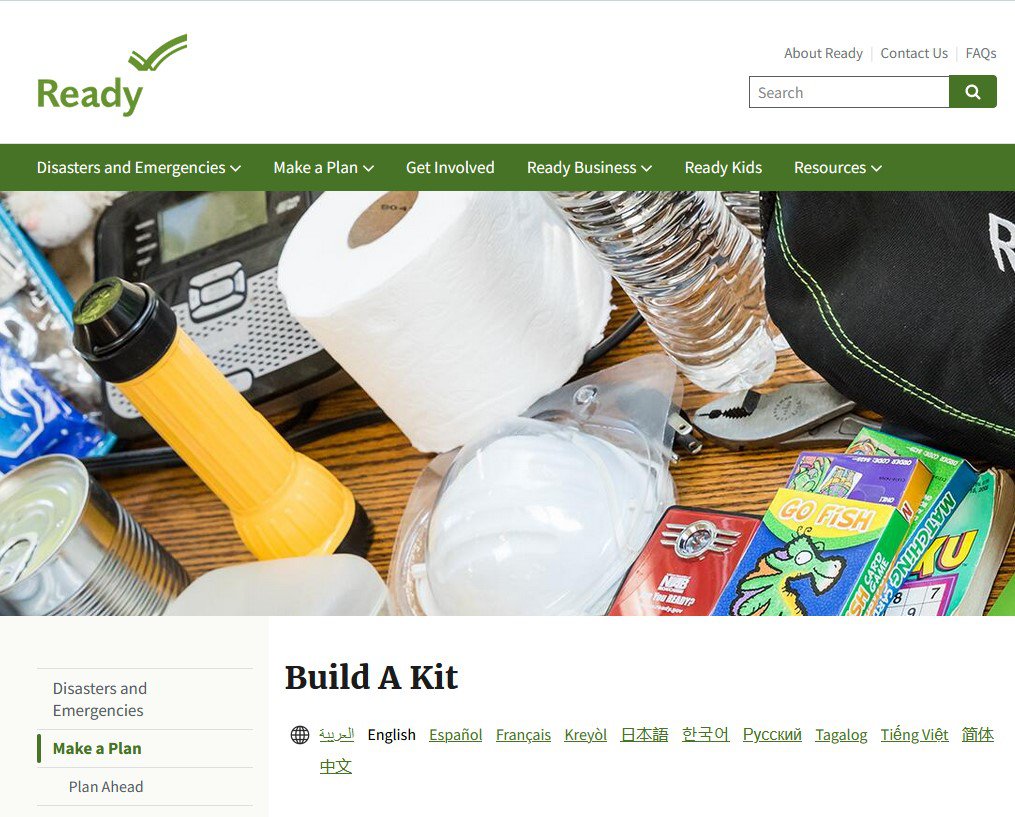 Image of the www.ready.gov/kit website which has tips for building your home emergency kit available in multiple languages.