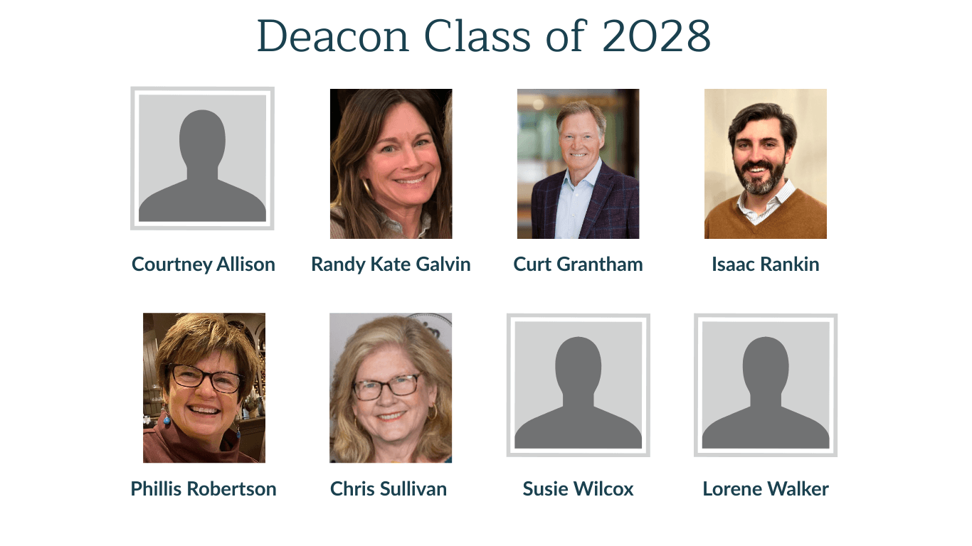 Deacon Class of 2028: Courtney Allison, Randy Kate Galvin, Curt Grantham, Isaac Rankin, Phillis Robertson, Chris Sullivan, Susie Wilcox, and Lorene Walker.