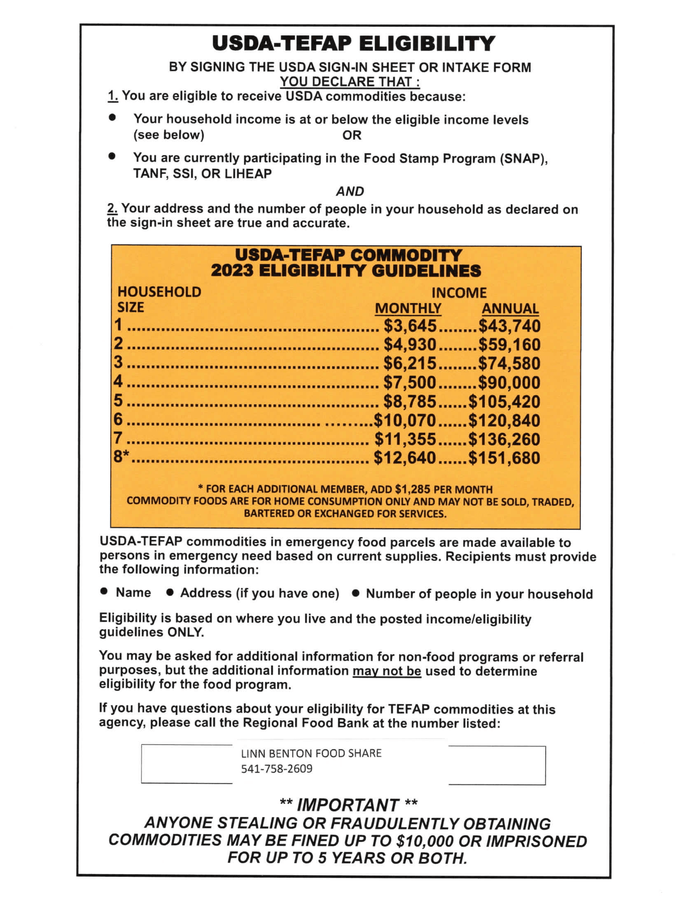 USDA-TEFAP COMMODITY 2023 ELIGIBILITY GUIDELINES monthly/annual income levels for household sizes: 1 = $3,645/$43,740; 2 = $4930/$59,160; 3=$6,215/$74,580; 4=$7,500/$90,000; 5=$8785/$105,420; 6=$10,070/$120,840; 7=$11,355/$136,260; 8*=$12,640/$151,680; *For each additional member, add $1,2845 per month. By signing the USDA Sign-in sheet or intake form, you declare that: 1) You are eligible to receive USDA commodities because: -Your household income is at or below the eligible income levels OR You are currently participating in the Food Stamp Program (SNAP), TANF, SSI, or LIHEAP AND 2) Your address and the number of people in your household as declared on the sign-in sheet are true and accurate. USDA-TEFAP commodities in emergency food parcels are made available to persons in emergency need based on current supplies. Recipients must provide the following information: Name, Address (if you have one), Number of people in your household. Eligibility is based on where you live and the posted income/eligibility guidelines ONLY. You may be asked for additional information for non-food programs or referral purposes, but the additional information may not be used to determine eligibility for the food program. If you have questions about your eligibility for TEFAP commodities at this agency, please call the Regional Food Bank at the number listed: Linn Benton Food Share 41-758-2609 ** IMPORTANT ** ANYONE STEALING OR FRAUDULENTLY OBTAINING COMMODITIES MAY BE FINED UP TO $10,000 OR IMPRISONED FOR UP TO 5 YEARS OR BOTH.