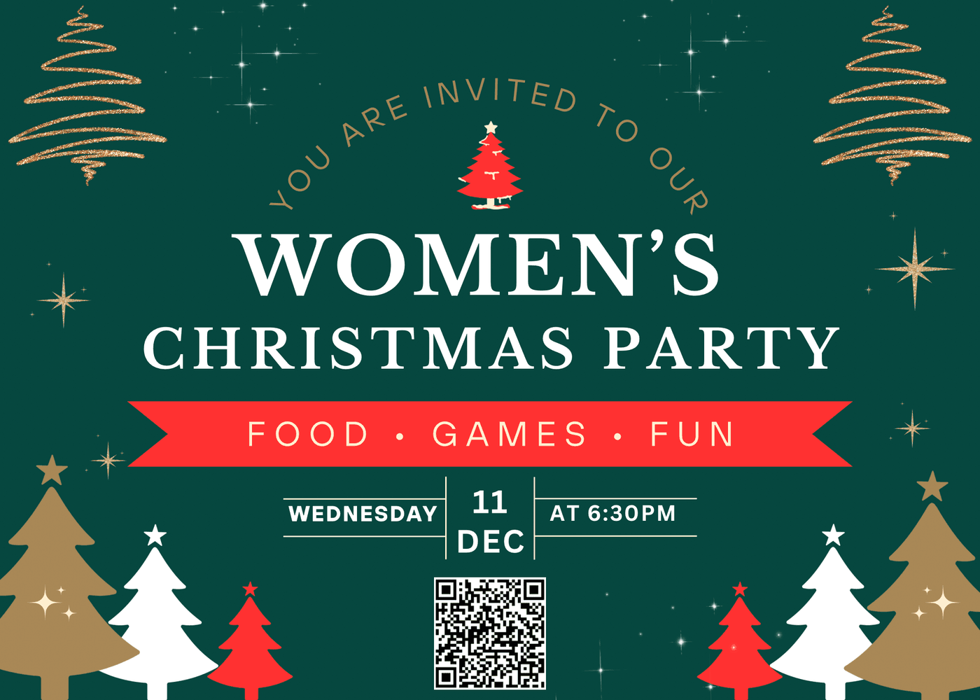 Our Ladies Christmas Party will be held on Wednesday, December 11, at 6:30 p.m. in the church sanctuary. **Please bring a gift for our White Elephant Gift Exchange ($25 Limit), and come hungry as we will have a catered dinner and a fun time of games and fellowship! We hope that you will join us for this special time celebrating the Christmas season and birth of our Savior! *Please note that there will be no nursery provided.