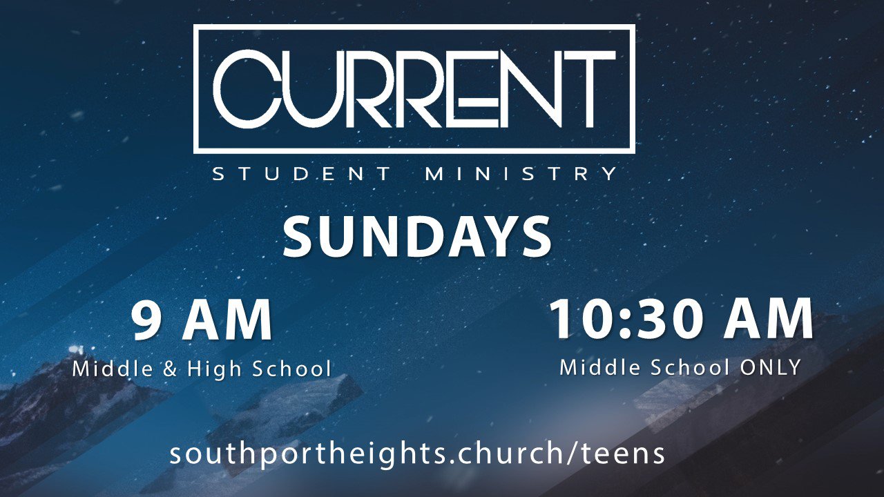 An image displaying times for teens to meet on Sunday mornings. At 9am, it middle and high school students. At 10:30am the middle school have their own program during the service.