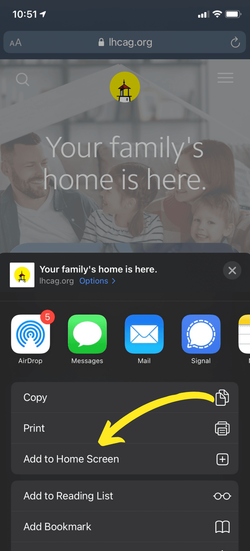 iOS Share screen with arrow pointing to the 'add a home screen' button