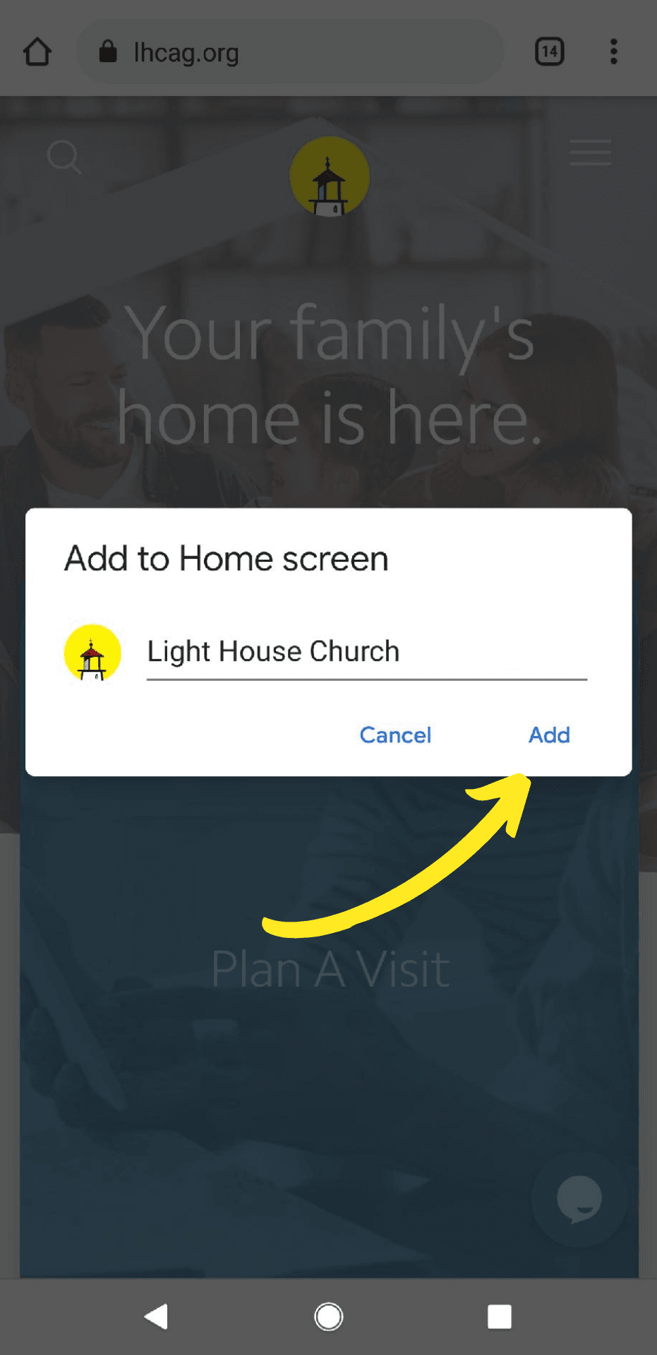 Add to Home Screen option with arrow pointing toward the Add button.
