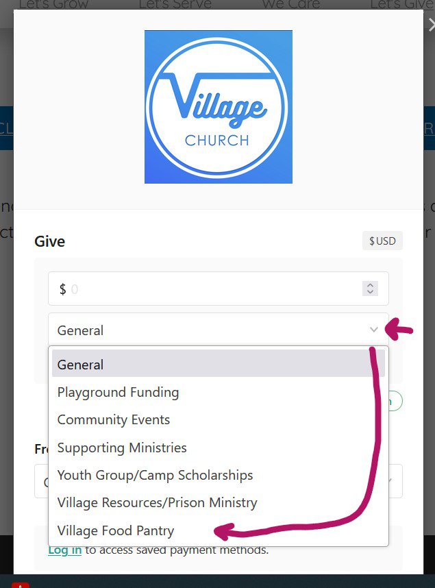 The Village Church giving page shows a menu of funds, including Village Food Pantry