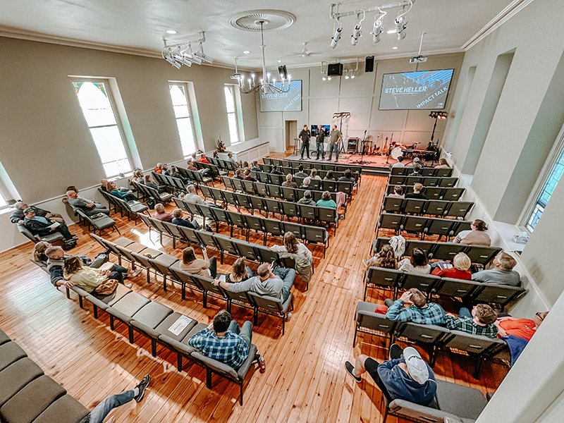 Wide angle picture of church auditorium