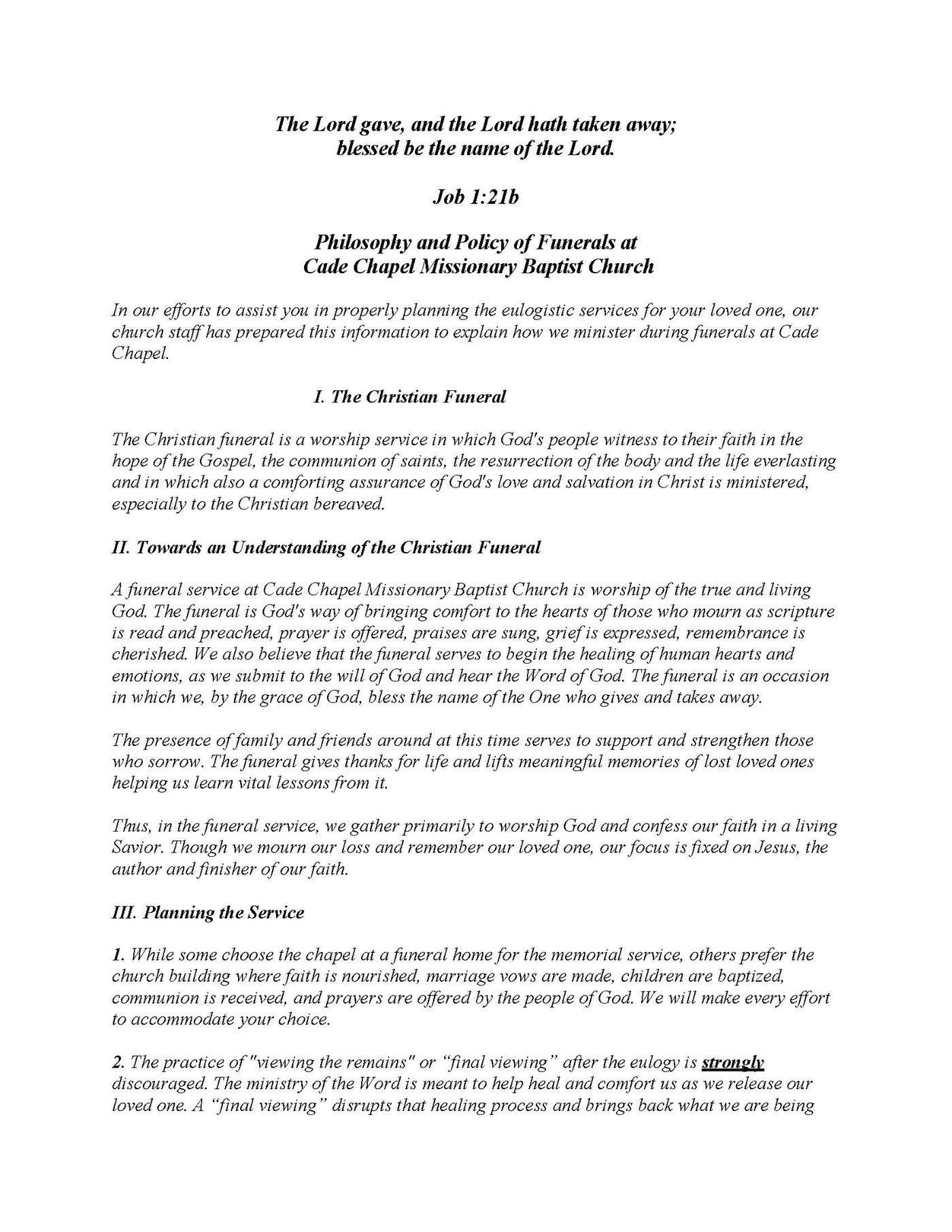 Cade Chapel Funeral Policy