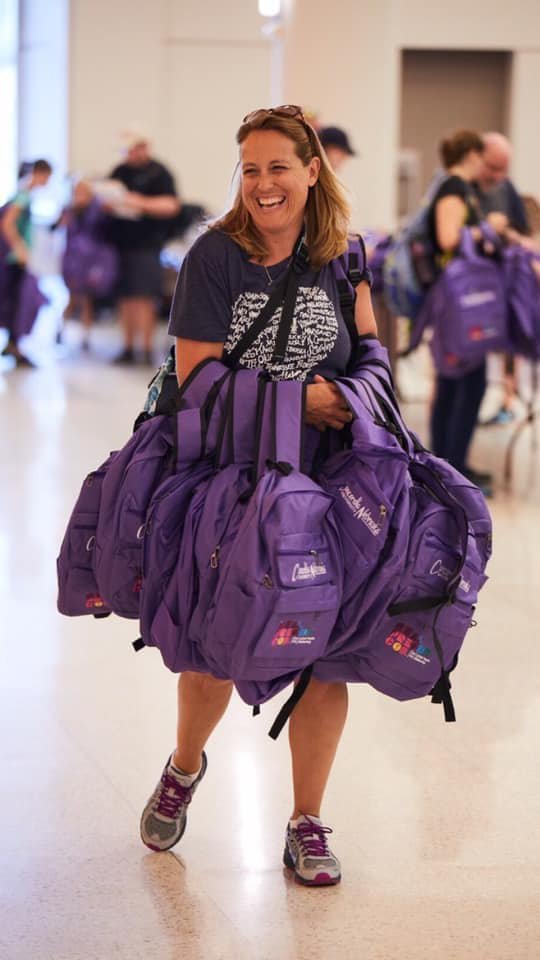 LCMS National Youth Gathering purple backpacks, Summit Lutheran Church, Aledo, TX