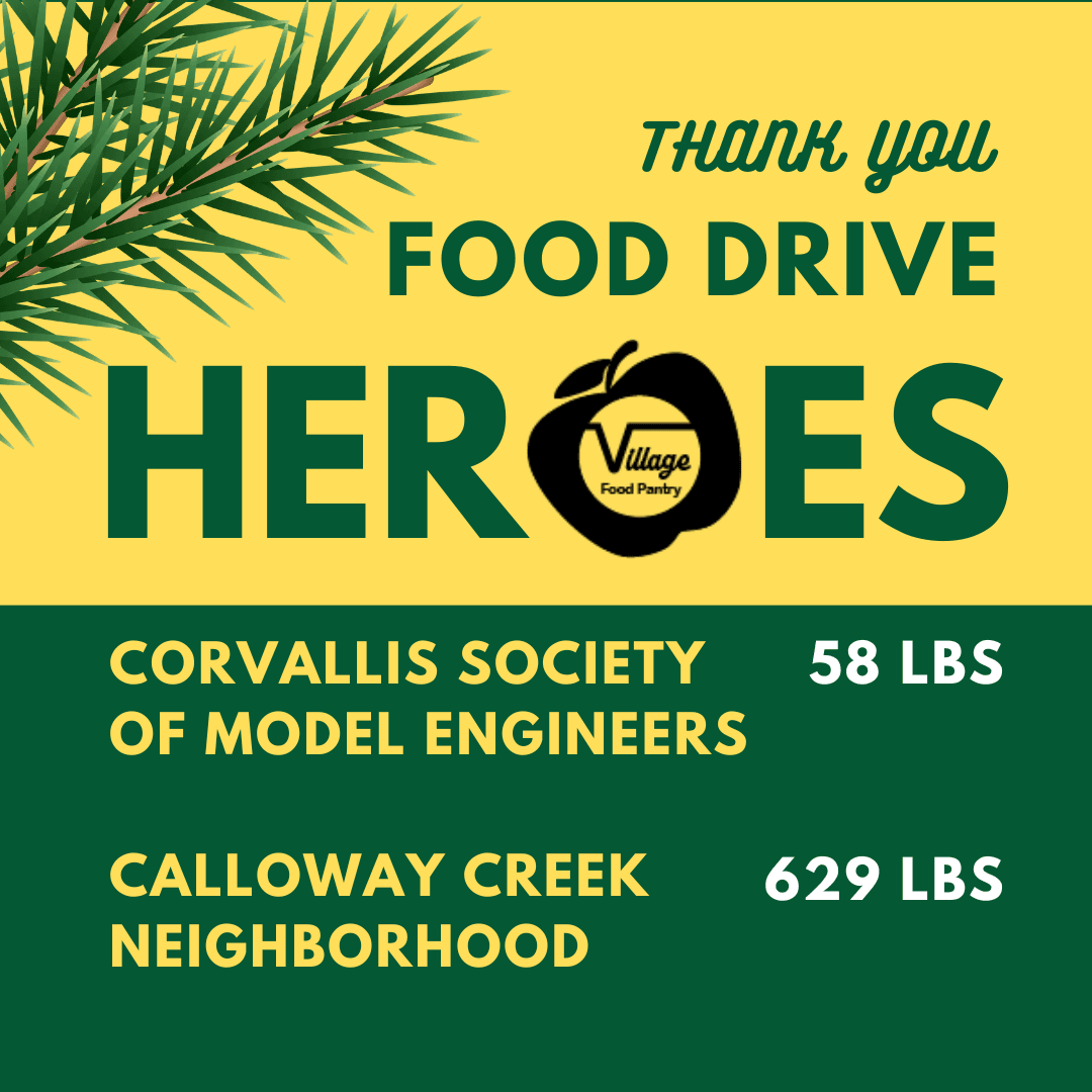 Thank you Food Drive Heroes: Corvallis Society of Model Engineers 58 lbs, Calloway Creek Neighborhood 629 lbs.