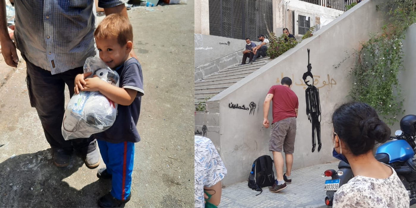 Two pictures side by side. One of a little boy hugging a teddy bear and the second image of graffiti on a wall