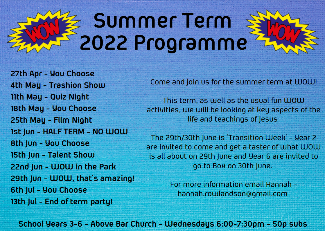 WOW summer term programme 2022