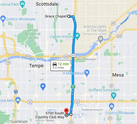 Map showing distance from Scottsdale location