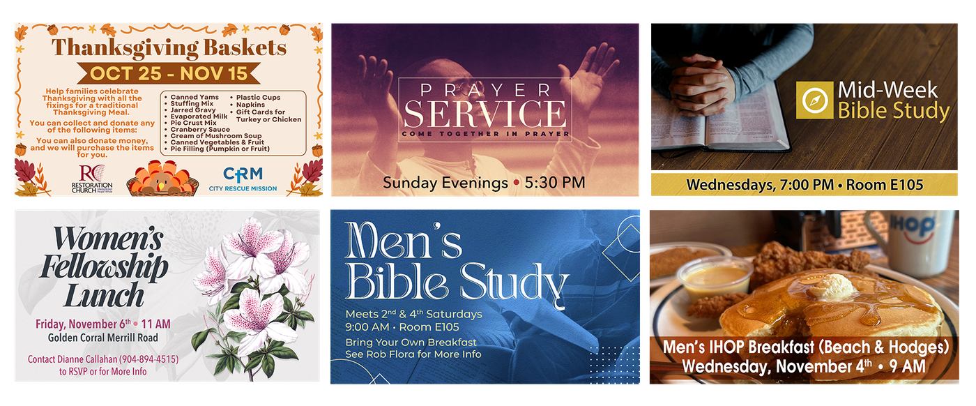 Thanksgiving Food Drive, Prayer Service, Wednesday Bible Study, Ladies Lunch, Men's Bible Study, Men's Wednesday Breakfast