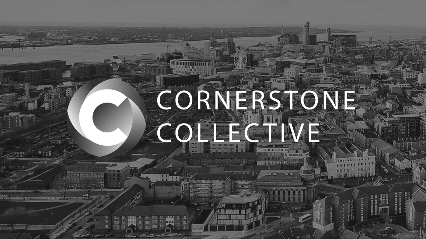 Cornerstone Collective logo over a city scape of Liverpool